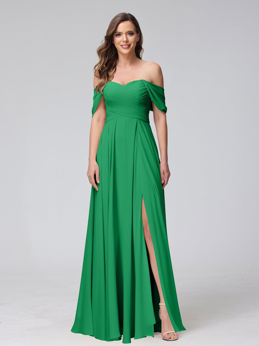 Princess A-Line Floor-Length Sleeveless Bridesmaid Dresses with Off-the-Shoulder Neckline, Side Split & Ruched Detail-BMbridal.UK