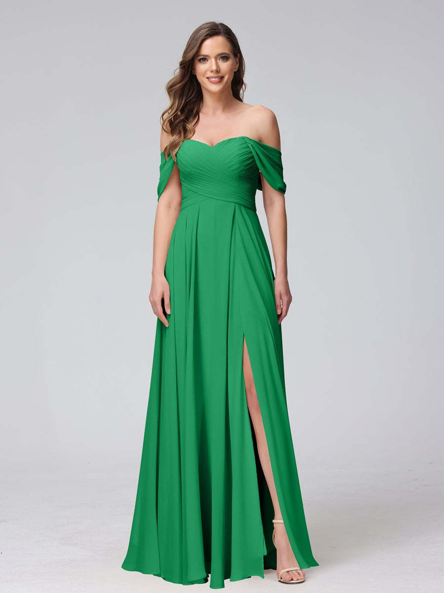 Princess A-Line Floor-Length Sleeveless Bridesmaid Dresses with Off-the-Shoulder Neckline, Side Split & Ruched Detail-BMbridal.UK