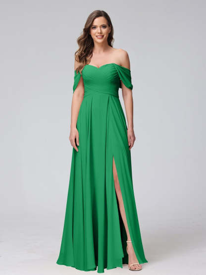 Princess A-Line Floor-Length Sleeveless Bridesmaid Dresses with Off-the-Shoulder Neckline, Side Split & Ruched Detail-BMbridal.UK