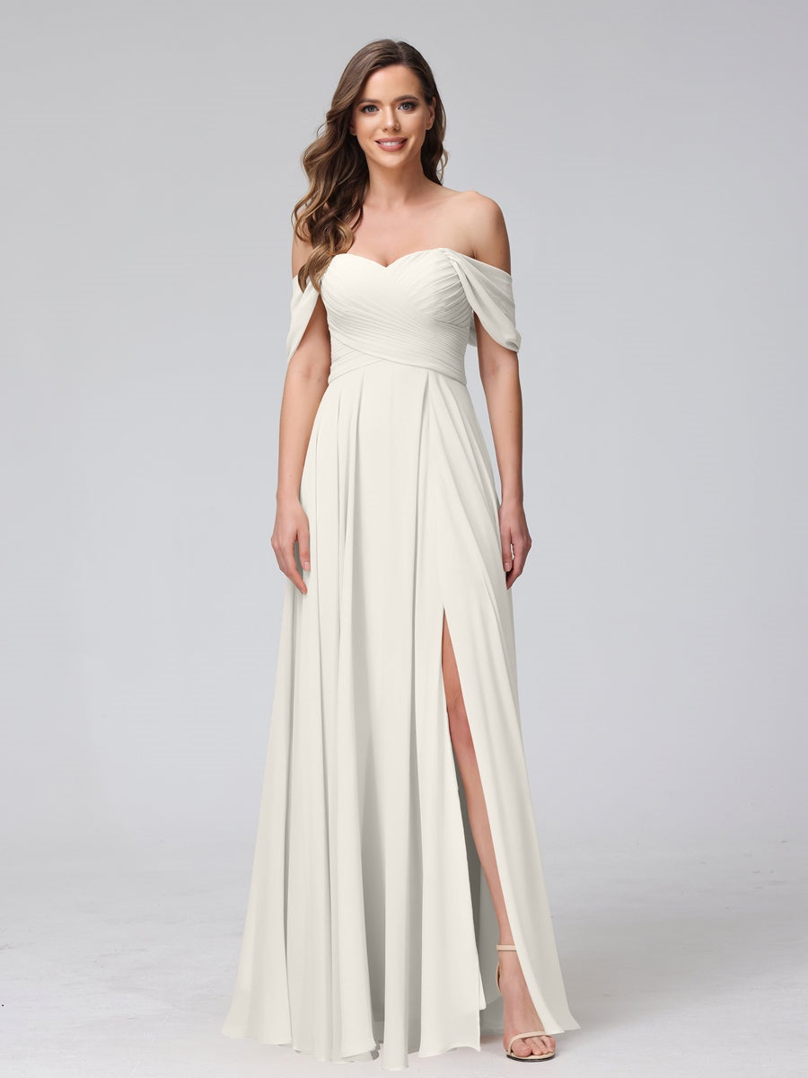 Princess A-Line Floor-Length Sleeveless Bridesmaid Dresses with Off-the-Shoulder Neckline, Side Split & Ruched Detail-BMbridal.UK
