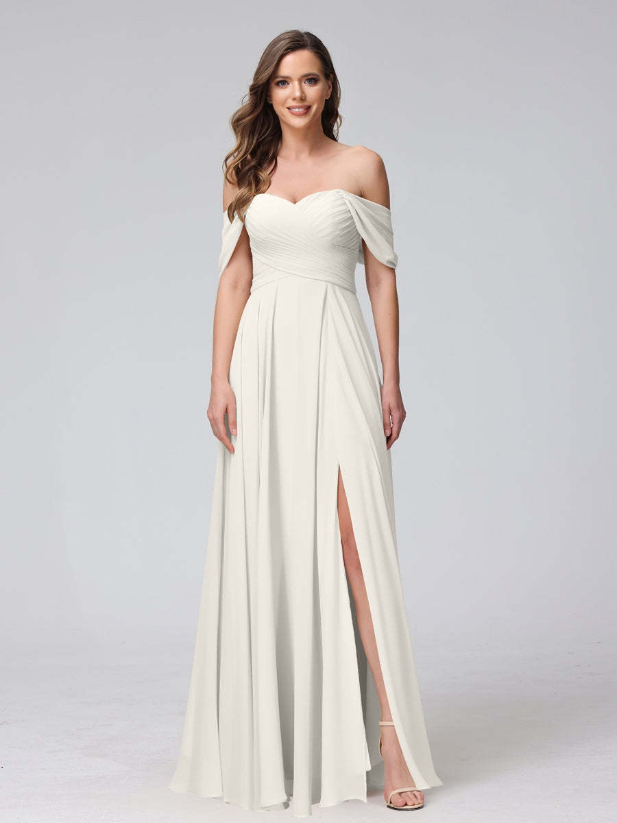 Princess A-Line Floor-Length Sleeveless Bridesmaid Dresses with Off-the-Shoulder Neckline, Side Split & Ruched Detail-BMbridal.UK