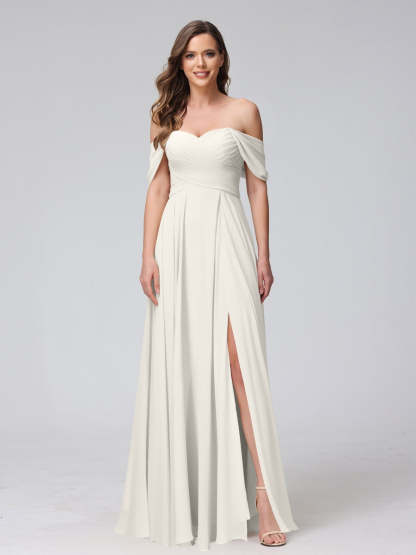 Princess A-Line Floor-Length Sleeveless Bridesmaid Dresses with Off-the-Shoulder Neckline, Side Split & Ruched Detail-BMbridal.UK