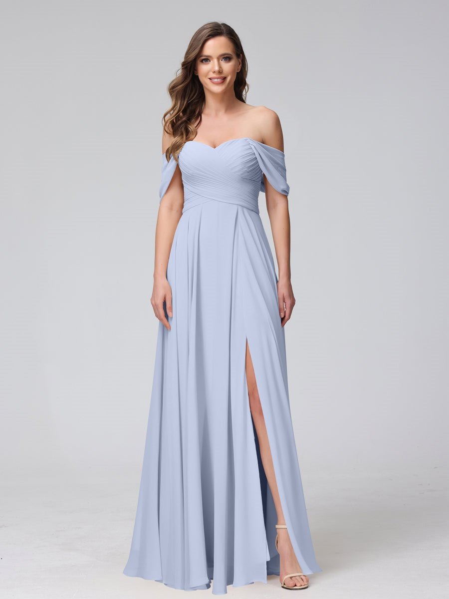 Princess A-Line Floor-Length Sleeveless Bridesmaid Dresses with Off-the-Shoulder Neckline, Side Split & Ruched Detail-BMbridal.UK