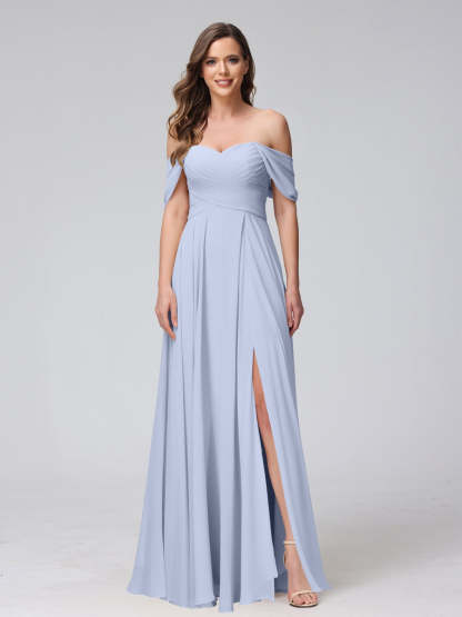 Princess A-Line Floor-Length Sleeveless Bridesmaid Dresses with Off-the-Shoulder Neckline, Side Split & Ruched Detail-BMbridal.UK