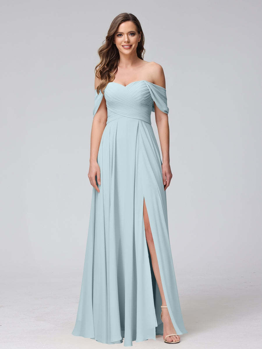 Princess A-Line Floor-Length Sleeveless Bridesmaid Dresses with Off-the-Shoulder Neckline, Side Split & Ruched Detail-BMbridal.UK