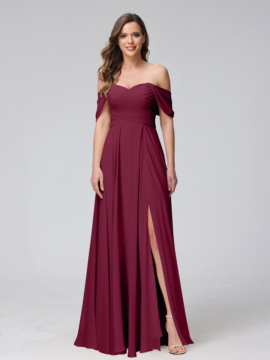 Princess A-Line Floor-Length Sleeveless Bridesmaid Dresses with Off-the-Shoulder Neckline, Side Split & Ruched Detail-BMbridal.UK