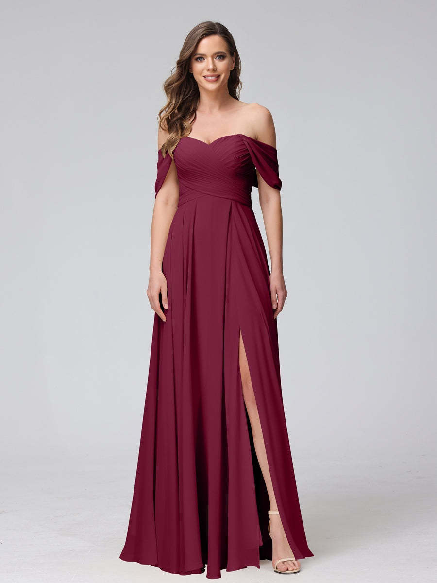 Princess A-Line Floor-Length Sleeveless Bridesmaid Dresses with Off-the-Shoulder Neckline, Side Split & Ruched Detail-BMbridal.UK