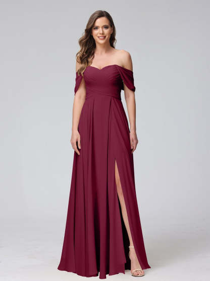 Princess A-Line Floor-Length Sleeveless Bridesmaid Dresses with Off-the-Shoulder Neckline, Side Split & Ruched Detail-BMbridal.UK