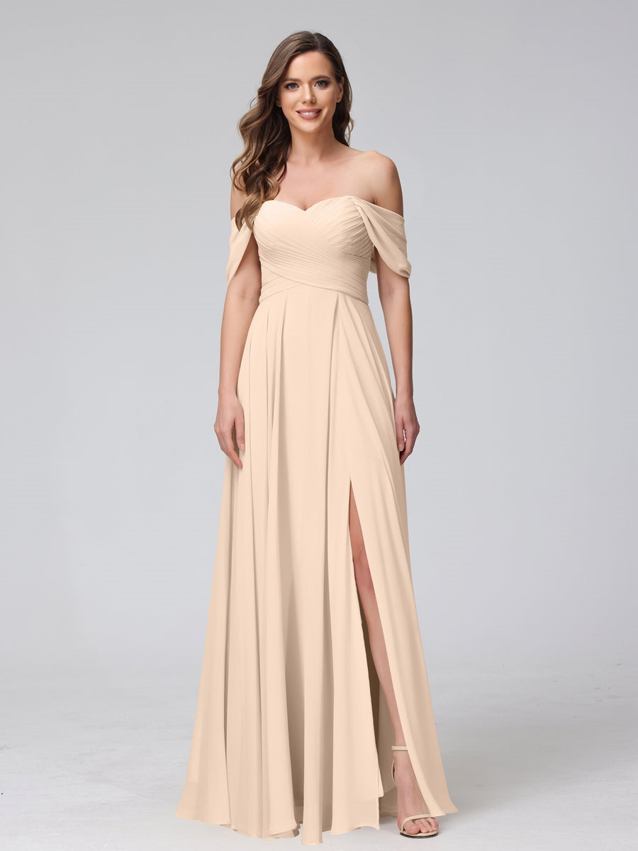 Princess A-Line Floor-Length Sleeveless Bridesmaid Dresses with Off-the-Shoulder Neckline, Side Split & Ruched Detail-BMbridal.UK