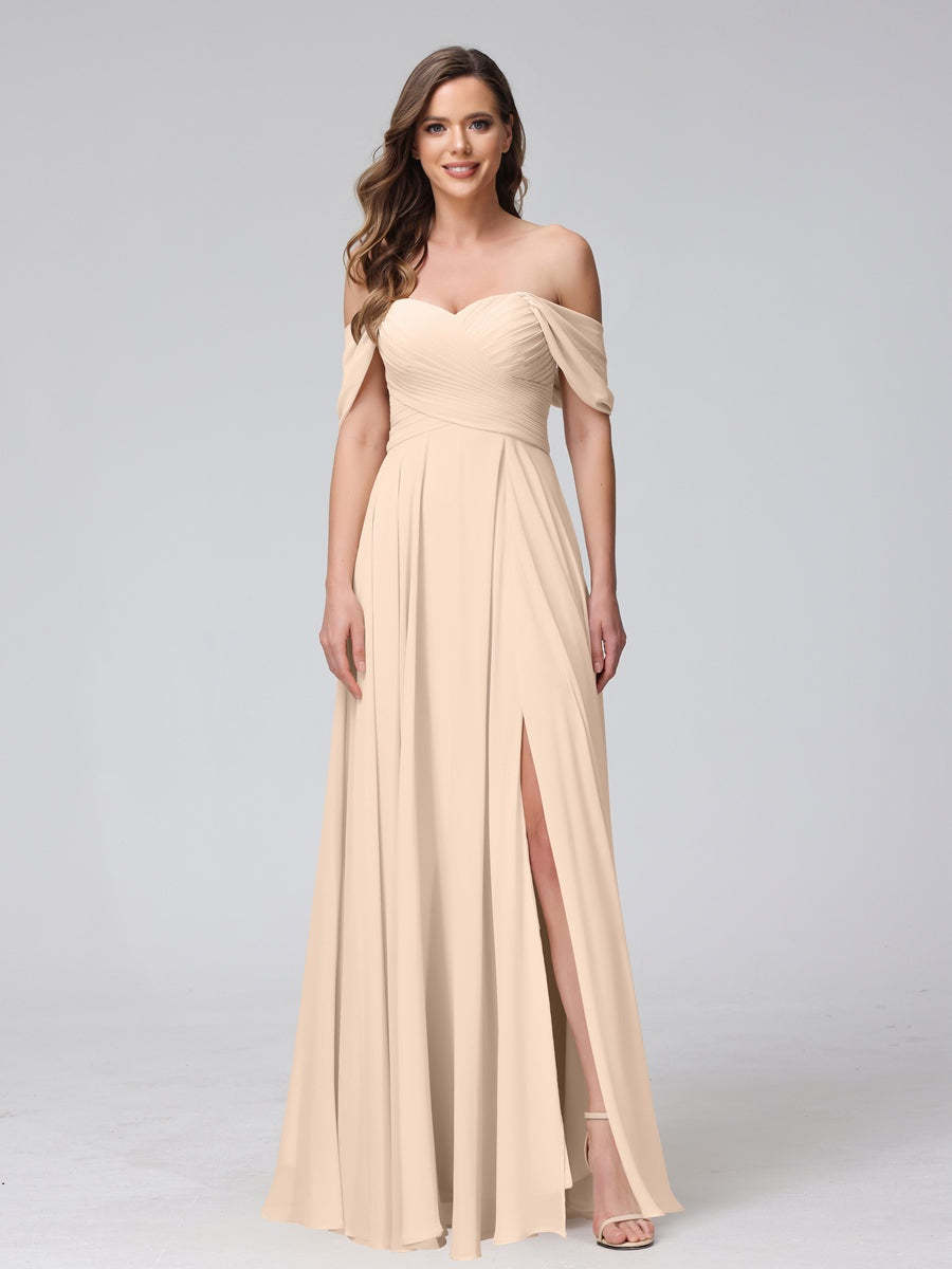 Princess A-Line Floor-Length Sleeveless Bridesmaid Dresses with Off-the-Shoulder Neckline, Side Split & Ruched Detail-BMbridal.UK