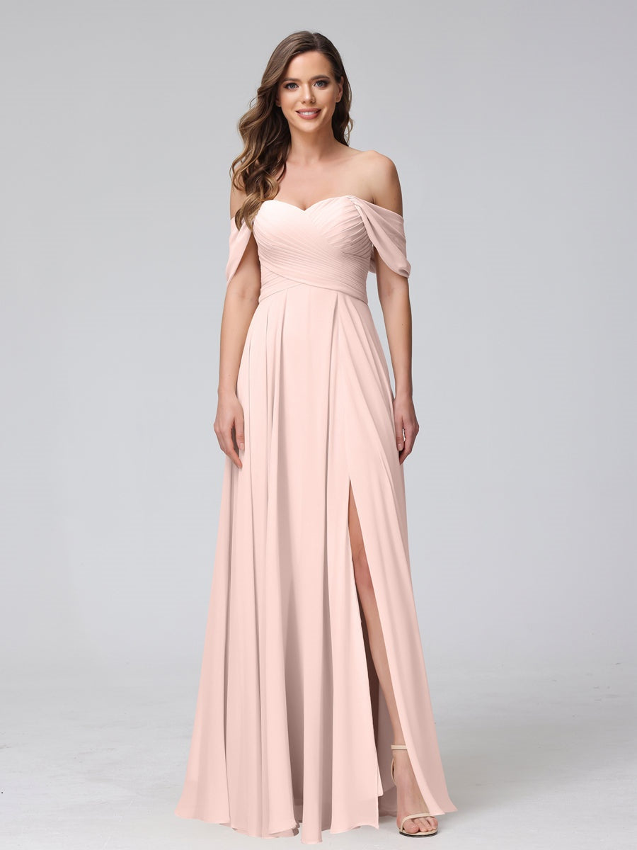 Princess A-Line Floor-Length Sleeveless Bridesmaid Dresses with Off-the-Shoulder Neckline, Side Split & Ruched Detail-BMbridal.UK