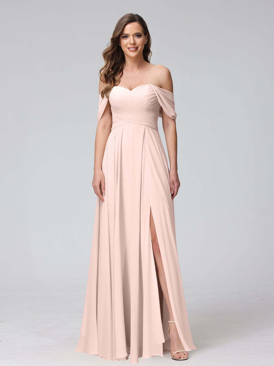 Princess A-Line Floor-Length Sleeveless Bridesmaid Dresses with Off-the-Shoulder Neckline, Side Split & Ruched Detail-BMbridal.UK