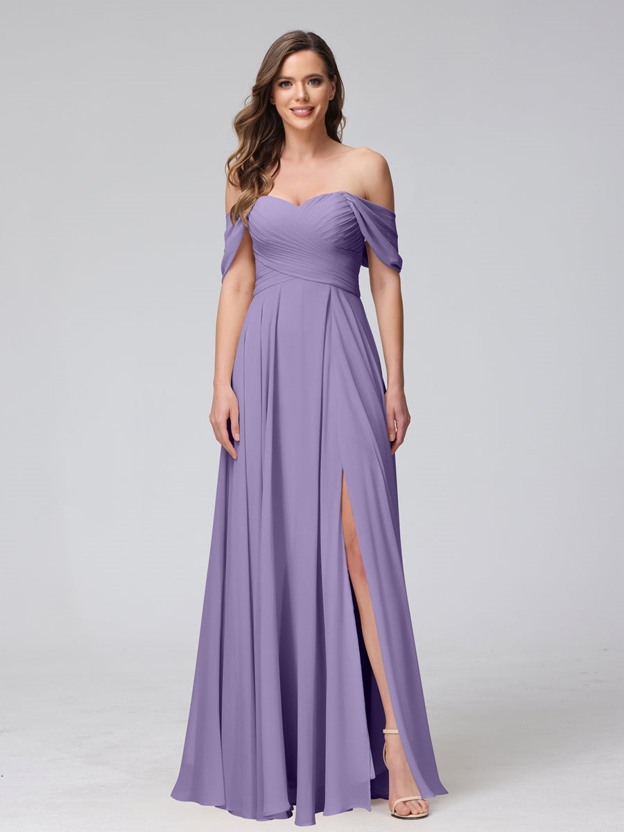 Princess A-Line Floor-Length Sleeveless Bridesmaid Dresses with Off-the-Shoulder Neckline, Side Split & Ruched Detail-BMbridal.UK