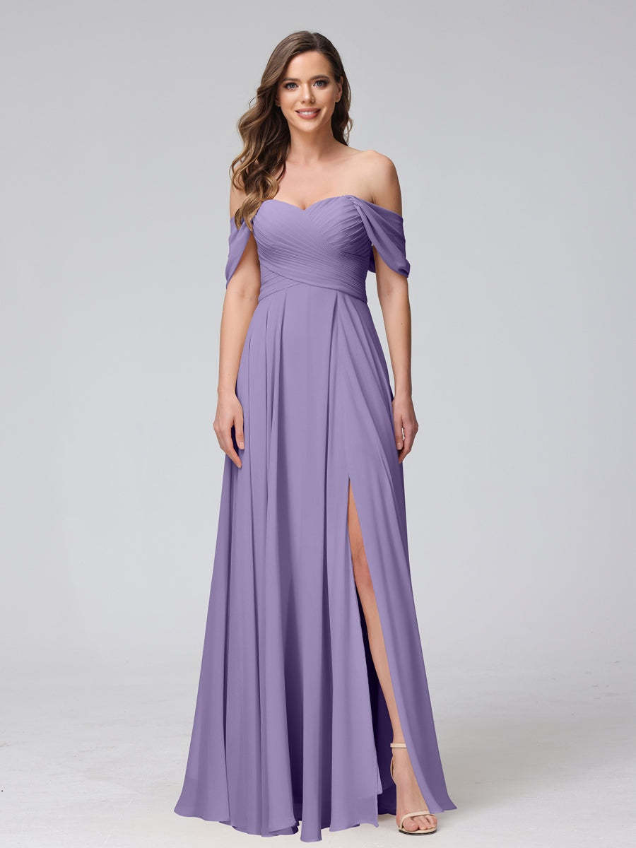 Princess A-Line Floor-Length Sleeveless Bridesmaid Dresses with Off-the-Shoulder Neckline, Side Split & Ruched Detail-BMbridal.UK