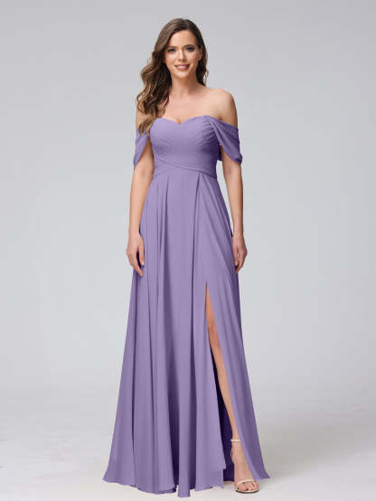 Princess A-Line Floor-Length Sleeveless Bridesmaid Dresses with Off-the-Shoulder Neckline, Side Split & Ruched Detail-BMbridal.UK