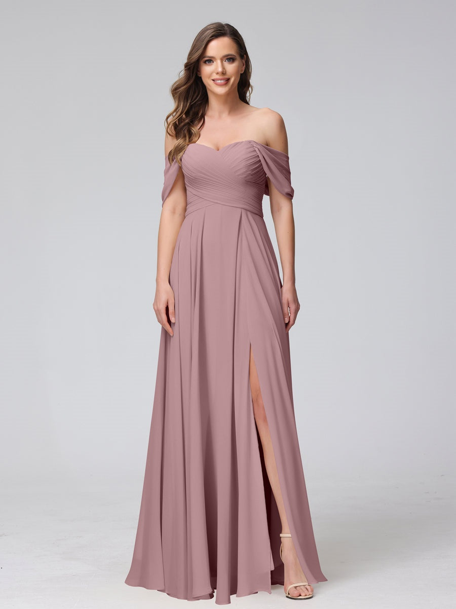 Princess A-Line Floor-Length Sleeveless Bridesmaid Dresses with Off-the-Shoulder Neckline, Side Split & Ruched Detail-BMbridal.UK