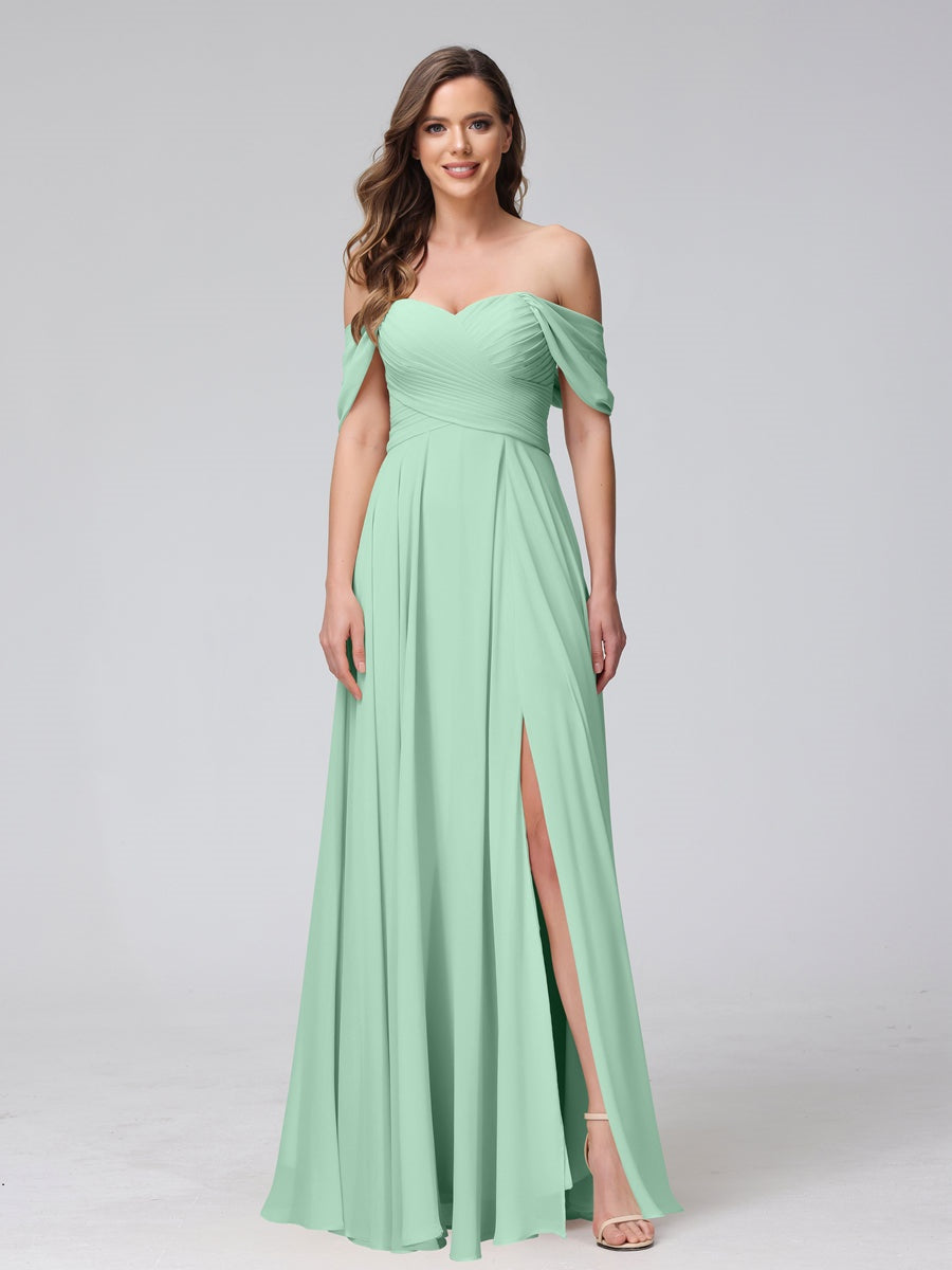 Princess A-Line Floor-Length Sleeveless Bridesmaid Dresses with Off-the-Shoulder Neckline, Side Split & Ruched Detail-BMbridal.UK