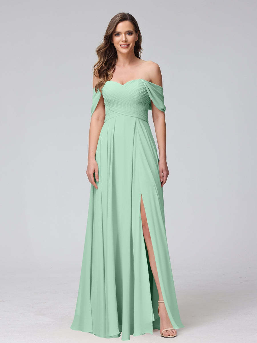 Princess A-Line Floor-Length Sleeveless Bridesmaid Dresses with Off-the-Shoulder Neckline, Side Split & Ruched Detail-BMbridal.UK