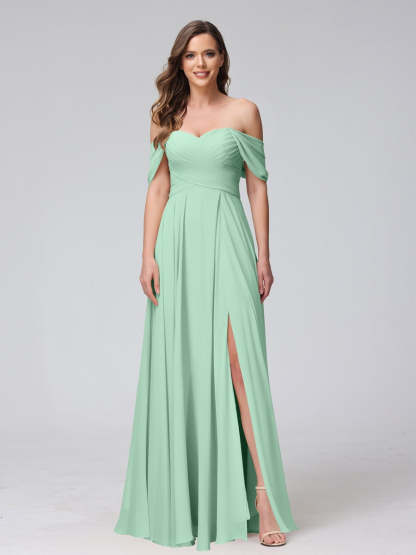 Princess A-Line Floor-Length Sleeveless Bridesmaid Dresses with Off-the-Shoulder Neckline, Side Split & Ruched Detail-BMbridal.UK