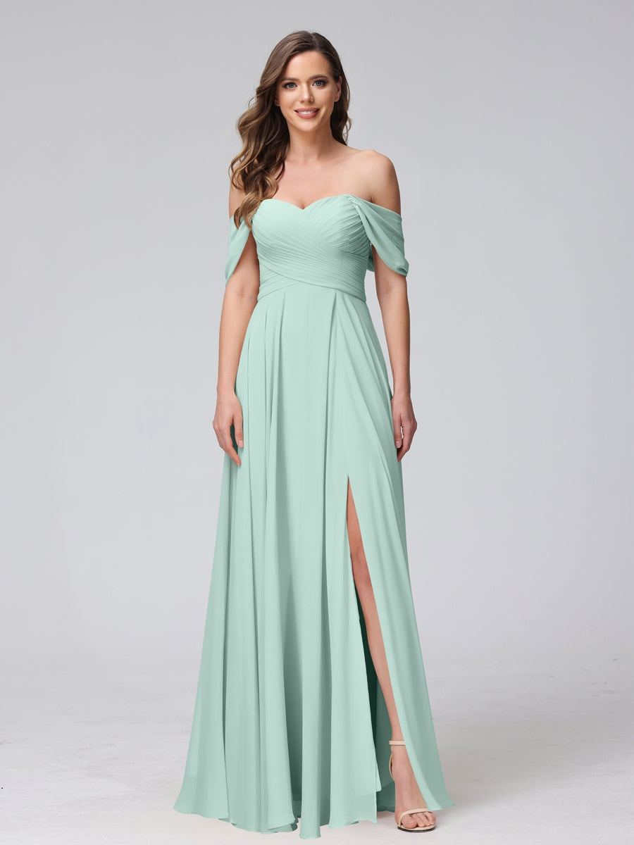 Princess A-Line Floor-Length Sleeveless Bridesmaid Dresses with Off-the-Shoulder Neckline, Side Split & Ruched Detail-BMbridal.UK