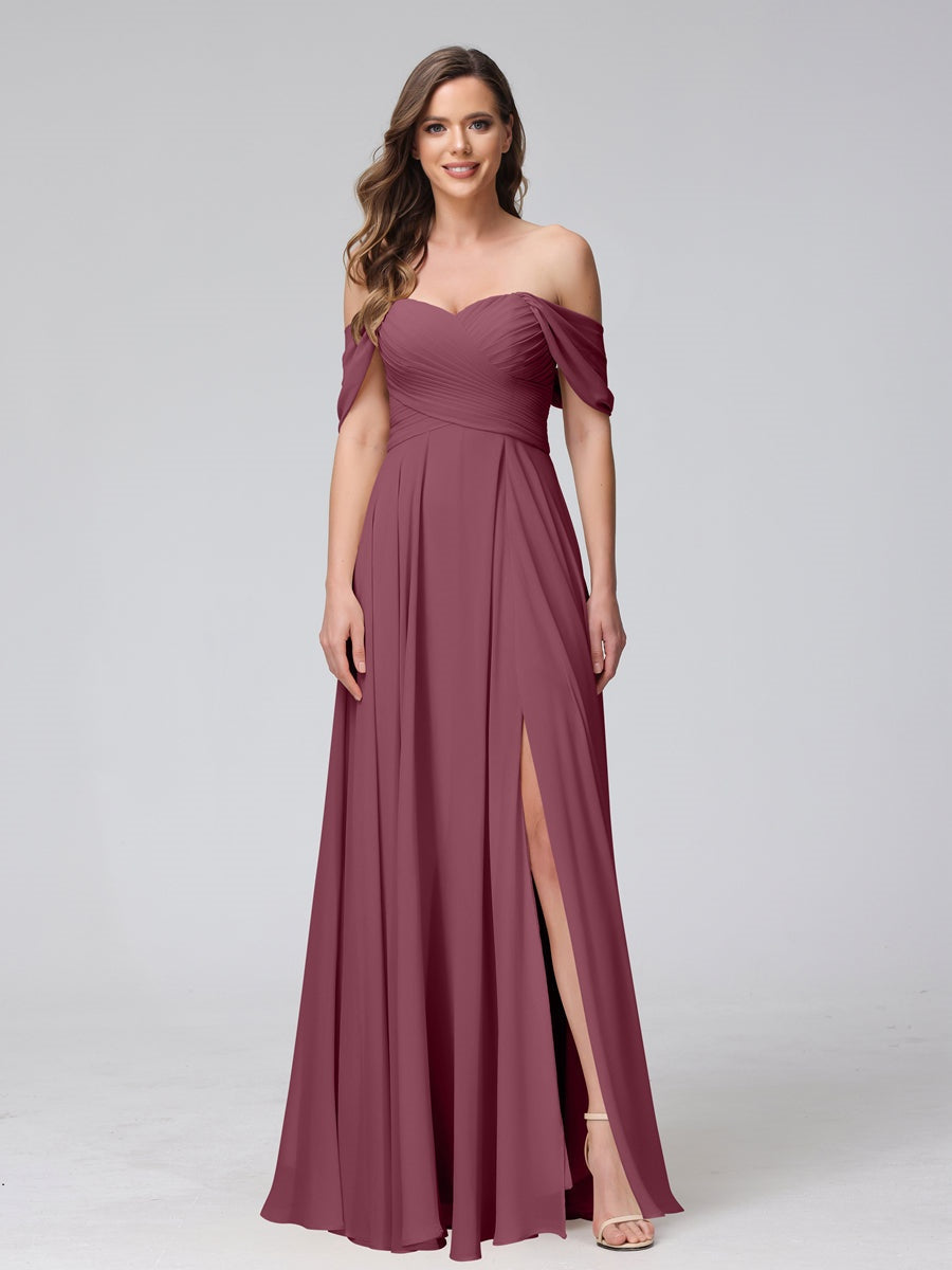 Princess A-Line Floor-Length Sleeveless Bridesmaid Dresses with Off-the-Shoulder Neckline, Side Split & Ruched Detail-BMbridal.UK