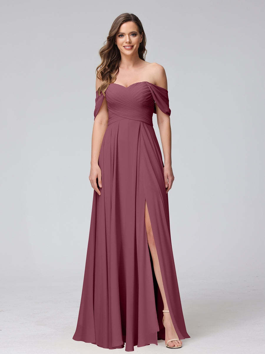 Princess A-Line Floor-Length Sleeveless Bridesmaid Dresses with Off-the-Shoulder Neckline, Side Split & Ruched Detail-BMbridal.UK