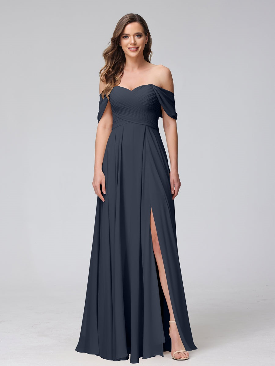 Princess A-Line Floor-Length Sleeveless Bridesmaid Dresses with Off-the-Shoulder Neckline, Side Split & Ruched Detail-BMbridal.UK