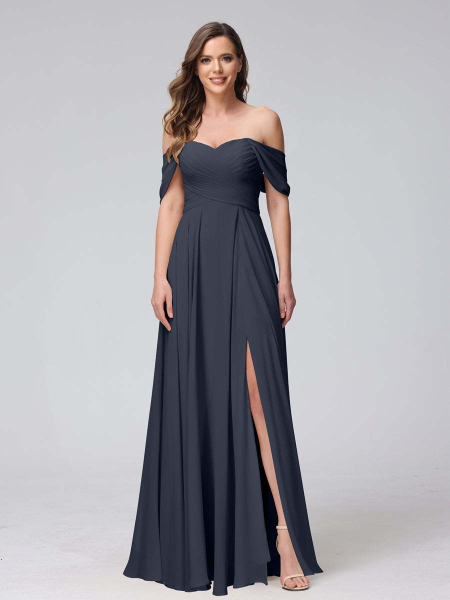 Princess A-Line Floor-Length Sleeveless Bridesmaid Dresses with Off-the-Shoulder Neckline, Side Split & Ruched Detail-BMbridal.UK
