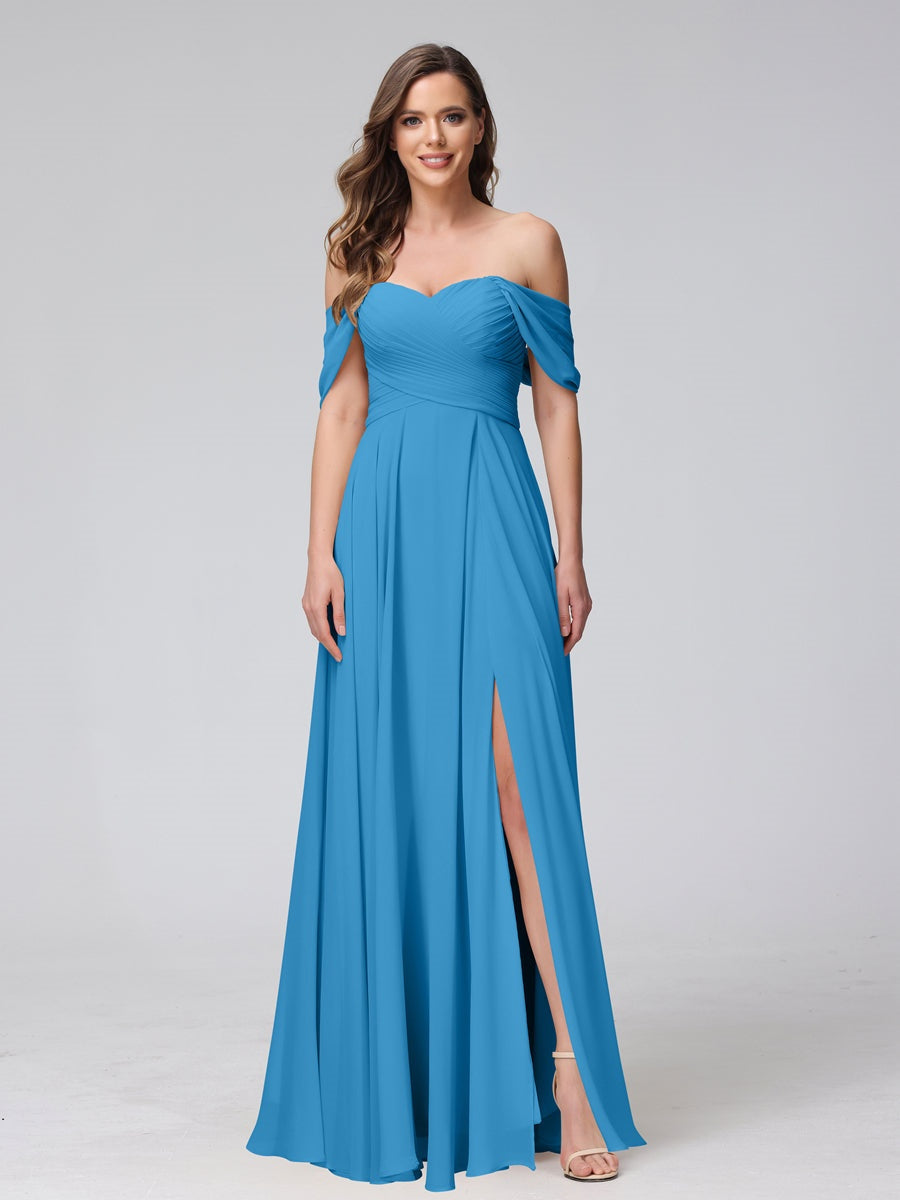 Princess A-Line Floor-Length Sleeveless Bridesmaid Dresses with Off-the-Shoulder Neckline, Side Split & Ruched Detail-BMbridal.UK