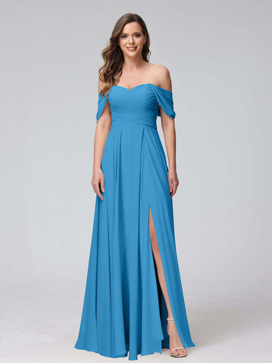 Princess A-Line Floor-Length Sleeveless Bridesmaid Dresses with Off-the-Shoulder Neckline, Side Split & Ruched Detail-BMbridal.UK