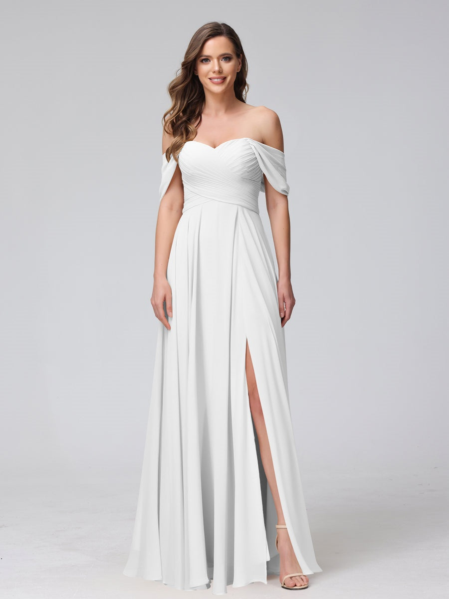 Princess A-Line Floor-Length Sleeveless Bridesmaid Dresses with Off-the-Shoulder Neckline, Side Split & Ruched Detail-BMbridal.UK