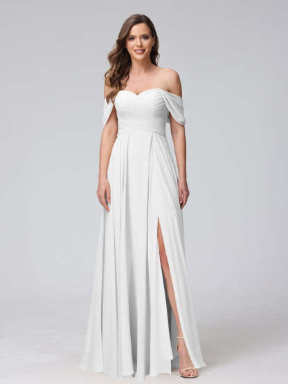 Princess A-Line Floor-Length Sleeveless Bridesmaid Dresses with Off-the-Shoulder Neckline, Side Split & Ruched Detail-BMbridal.UK