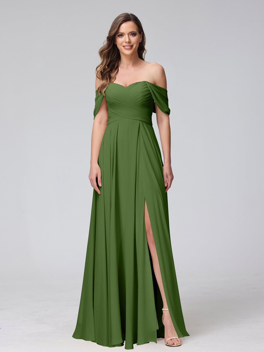 Princess A-Line Floor-Length Sleeveless Bridesmaid Dresses with Off-the-Shoulder Neckline, Side Split & Ruched Detail-BMbridal.UK