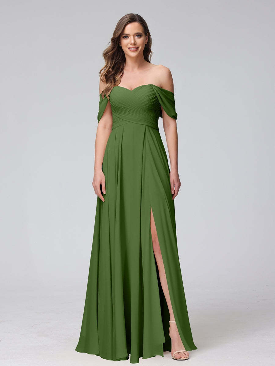 Princess A-Line Floor-Length Sleeveless Bridesmaid Dresses with Off-the-Shoulder Neckline, Side Split & Ruched Detail-BMbridal.UK
