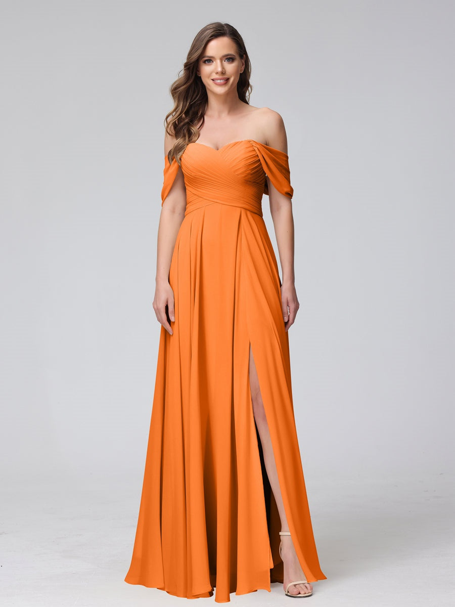 Princess A-Line Floor-Length Sleeveless Bridesmaid Dresses with Off-the-Shoulder Neckline, Side Split & Ruched Detail-BMbridal.UK