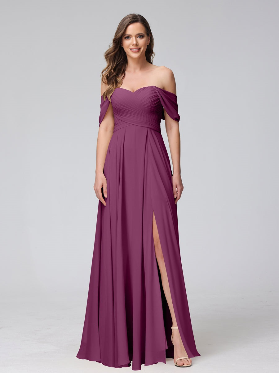 Princess A-Line Floor-Length Sleeveless Bridesmaid Dresses with Off-the-Shoulder Neckline, Side Split & Ruched Detail-BMbridal.UK