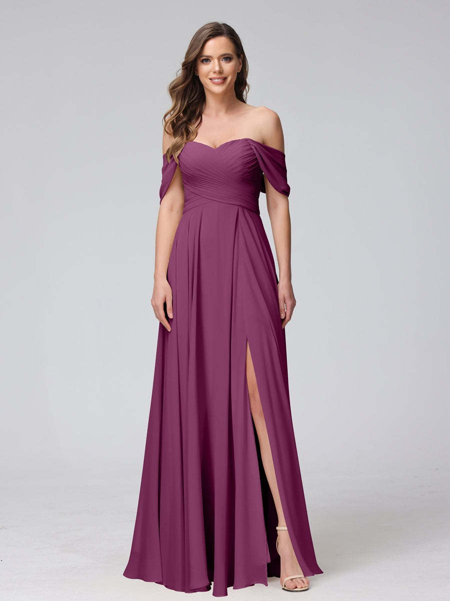 Princess A-Line Floor-Length Sleeveless Bridesmaid Dresses with Off-the-Shoulder Neckline, Side Split & Ruched Detail-BMbridal.UK