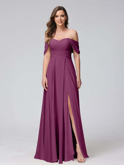 Princess A-Line Floor-Length Sleeveless Bridesmaid Dresses with Off-the-Shoulder Neckline, Side Split & Ruched Detail-BMbridal.UK