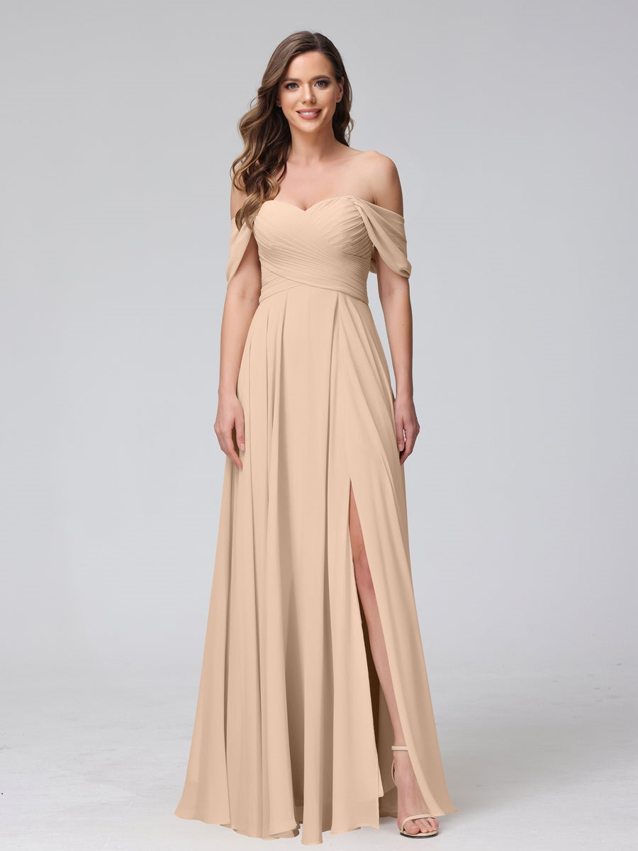 Princess A-Line Floor-Length Sleeveless Bridesmaid Dresses with Off-the-Shoulder Neckline, Side Split & Ruched Detail-BMbridal.UK
