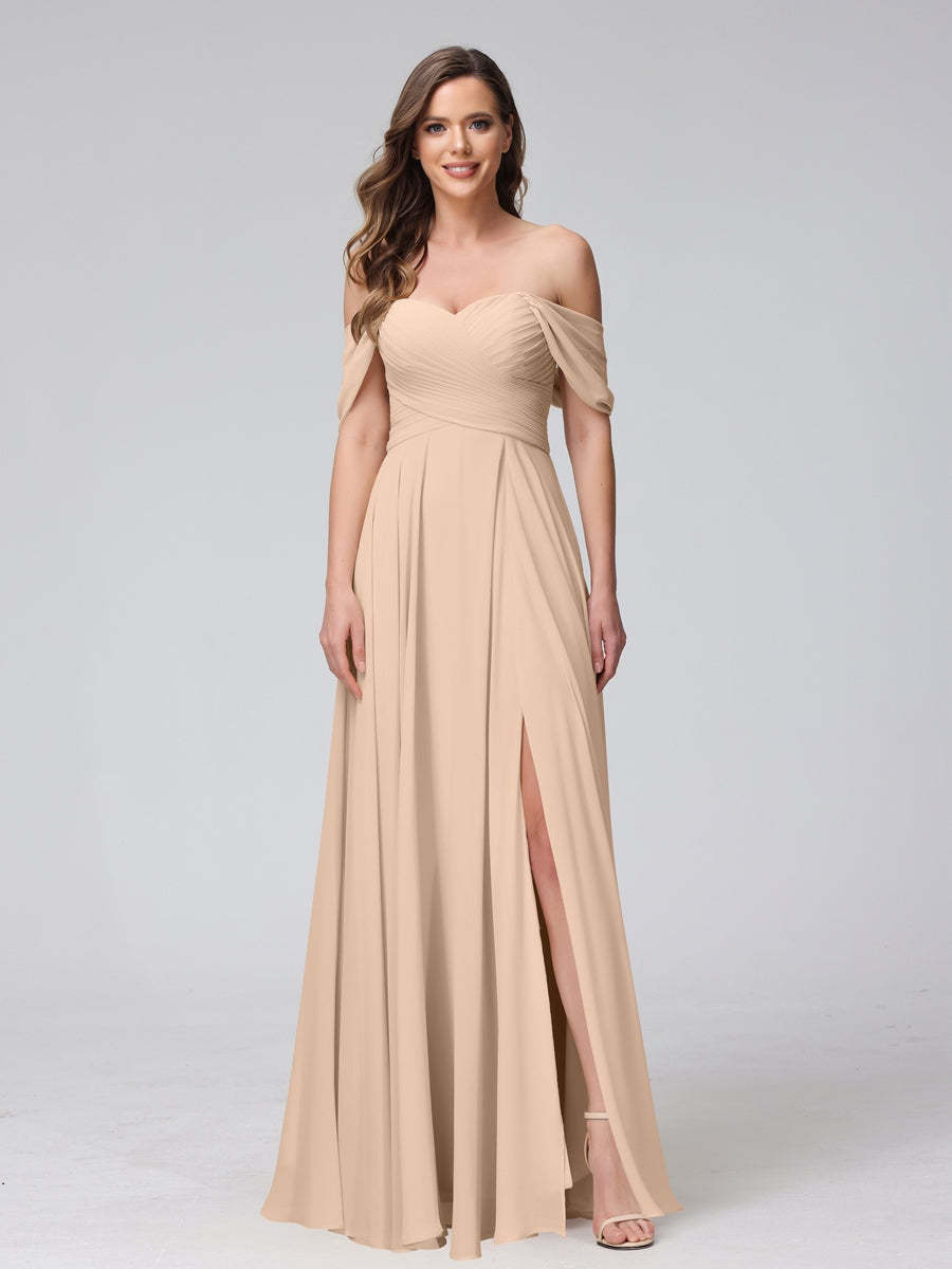 Princess A-Line Floor-Length Sleeveless Bridesmaid Dresses with Off-the-Shoulder Neckline, Side Split & Ruched Detail-BMbridal.UK