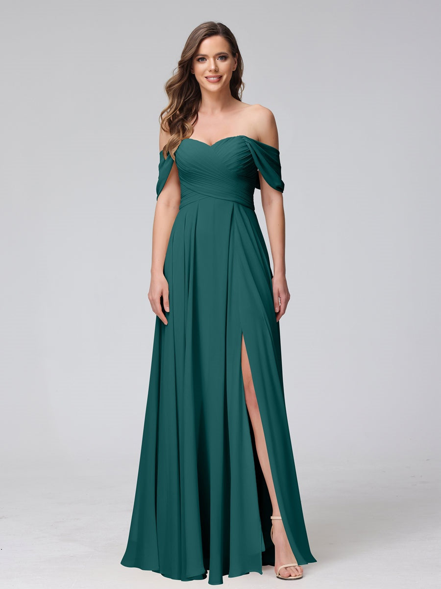 Princess A-Line Floor-Length Sleeveless Bridesmaid Dresses with Off-the-Shoulder Neckline, Side Split & Ruched Detail-BMbridal.UK