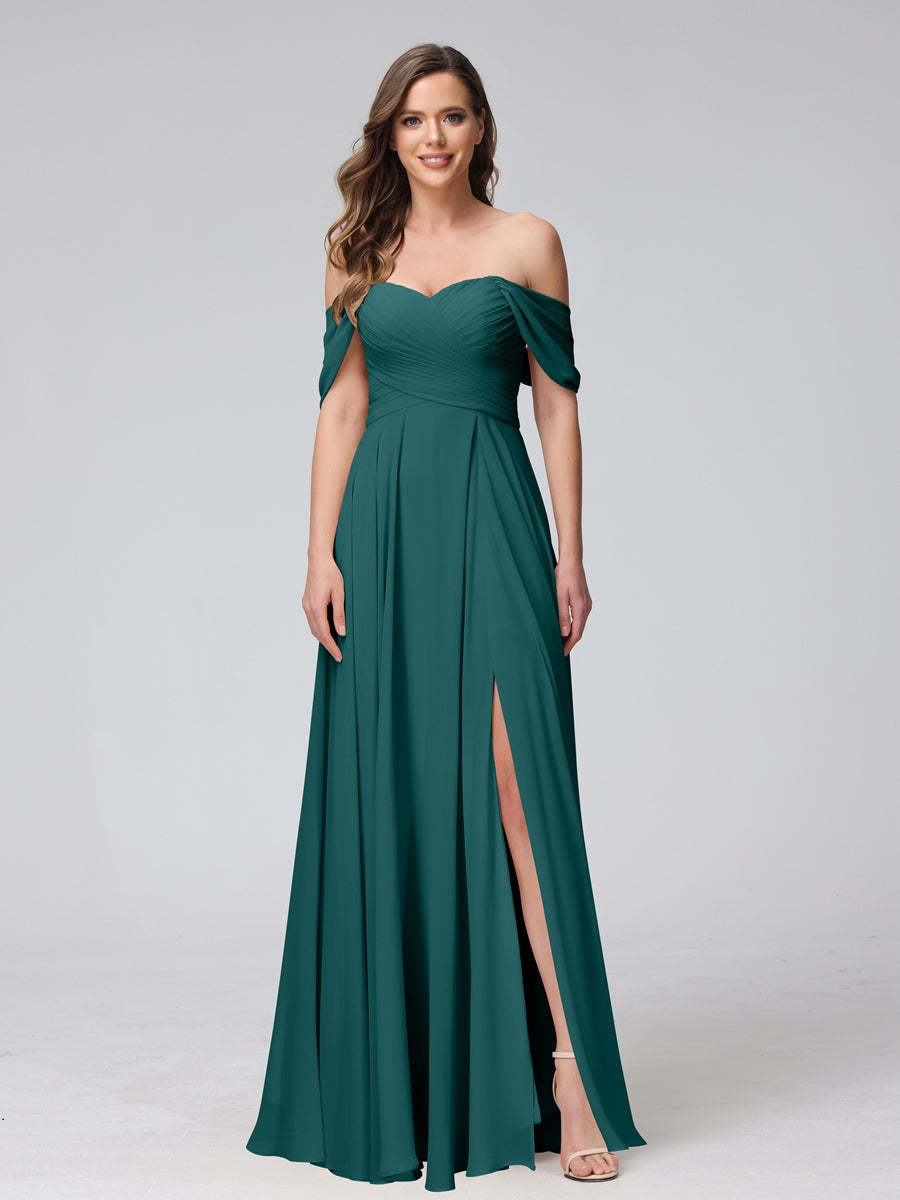 Princess A-Line Floor-Length Sleeveless Bridesmaid Dresses with Off-the-Shoulder Neckline, Side Split & Ruched Detail-BMbridal.UK