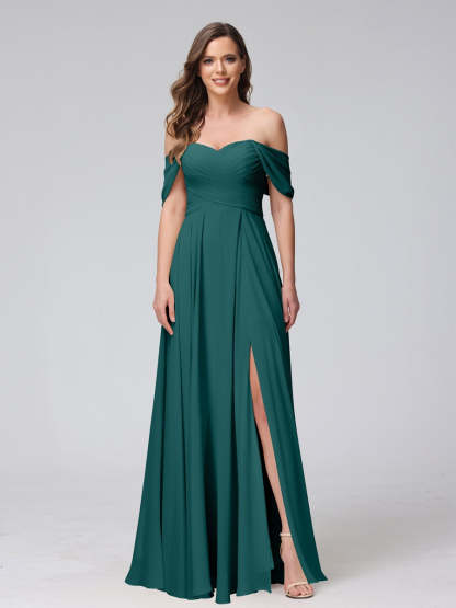 Princess A-Line Floor-Length Sleeveless Bridesmaid Dresses with Off-the-Shoulder Neckline, Side Split & Ruched Detail-BMbridal.UK
