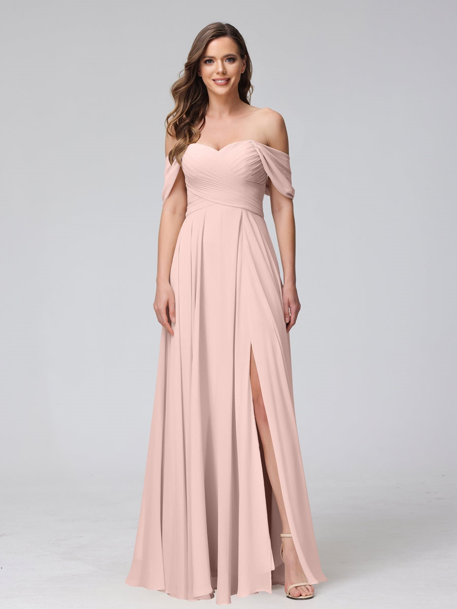 Princess A-Line Floor-Length Sleeveless Bridesmaid Dresses with Off-the-Shoulder Neckline, Side Split & Ruched Detail-BMbridal.UK