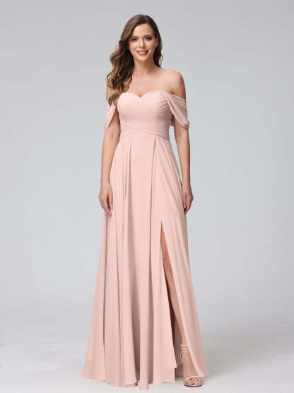 Princess A-Line Floor-Length Sleeveless Bridesmaid Dresses with Off-the-Shoulder Neckline, Side Split & Ruched Detail-BMbridal.UK