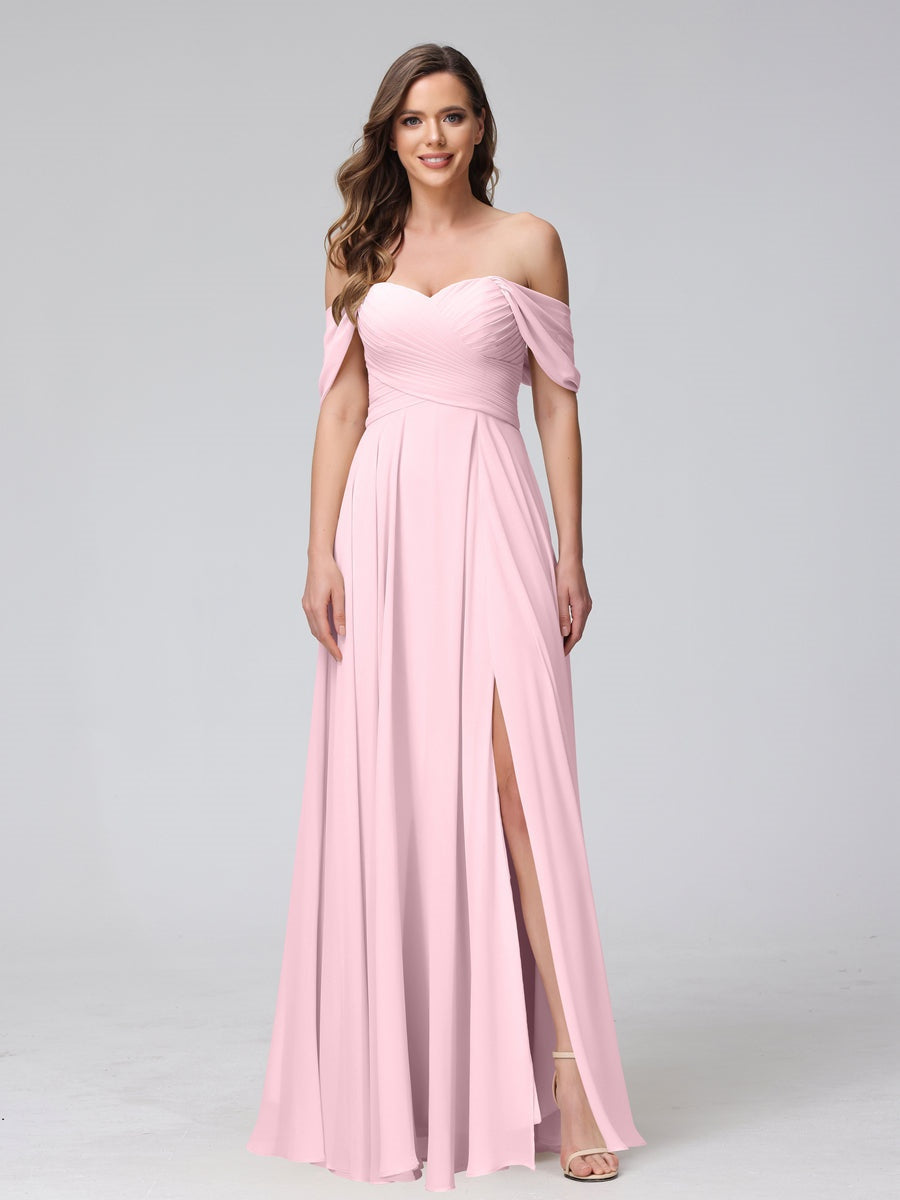 Princess A-Line Floor-Length Sleeveless Bridesmaid Dresses with Off-the-Shoulder Neckline, Side Split & Ruched Detail-BMbridal.UK