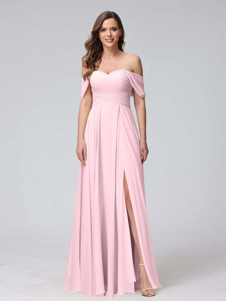 Princess A-Line Floor-Length Sleeveless Bridesmaid Dresses with Off-the-Shoulder Neckline, Side Split & Ruched Detail-BMbridal.UK