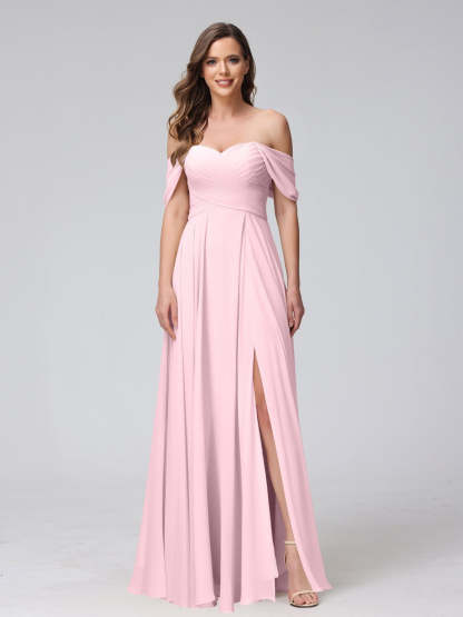 Princess A-Line Floor-Length Sleeveless Bridesmaid Dresses with Off-the-Shoulder Neckline, Side Split & Ruched Detail-BMbridal.UK