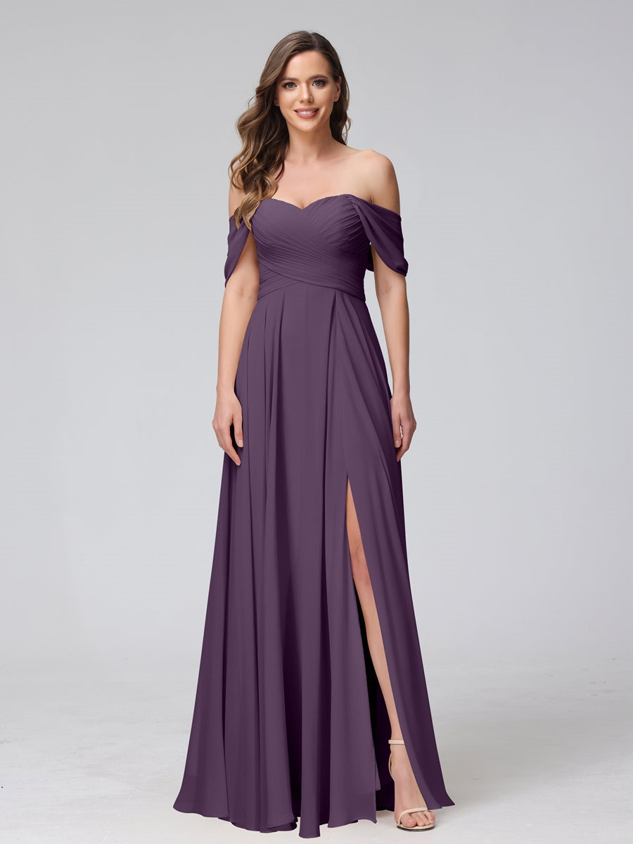 Princess A-Line Floor-Length Sleeveless Bridesmaid Dresses with Off-the-Shoulder Neckline, Side Split & Ruched Detail-BMbridal.UK