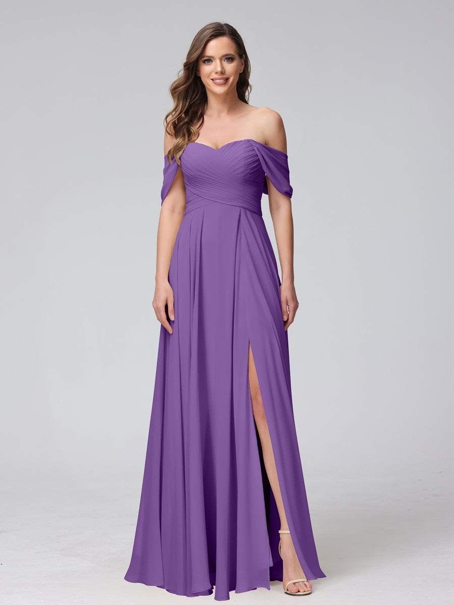 Princess A-Line Floor-Length Sleeveless Bridesmaid Dresses with Off-the-Shoulder Neckline, Side Split & Ruched Detail-BMbridal.UK